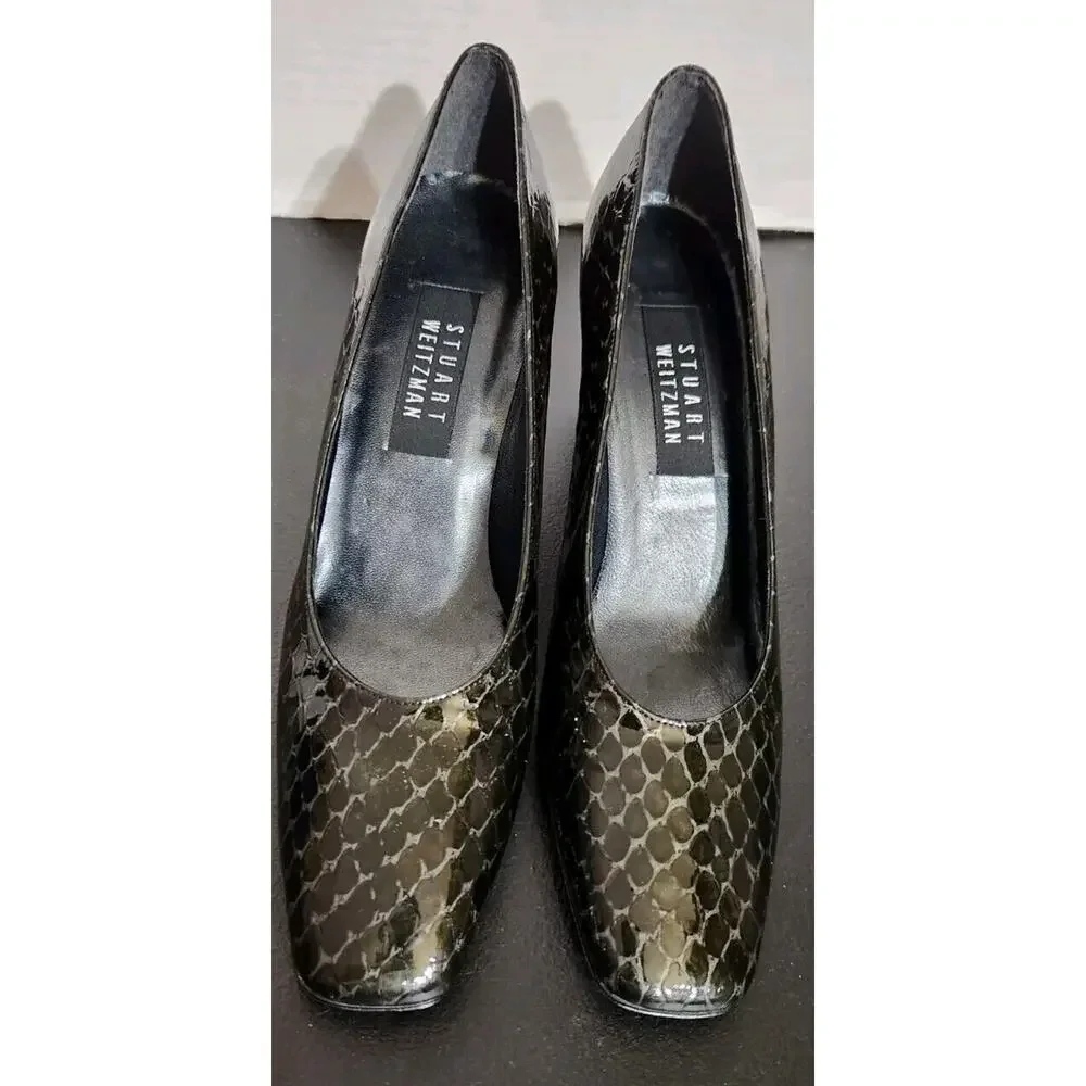 Stuart Weitzman Womens Exotic Snakeskin Black Leather Square Toe‎ Pumps 9 AA